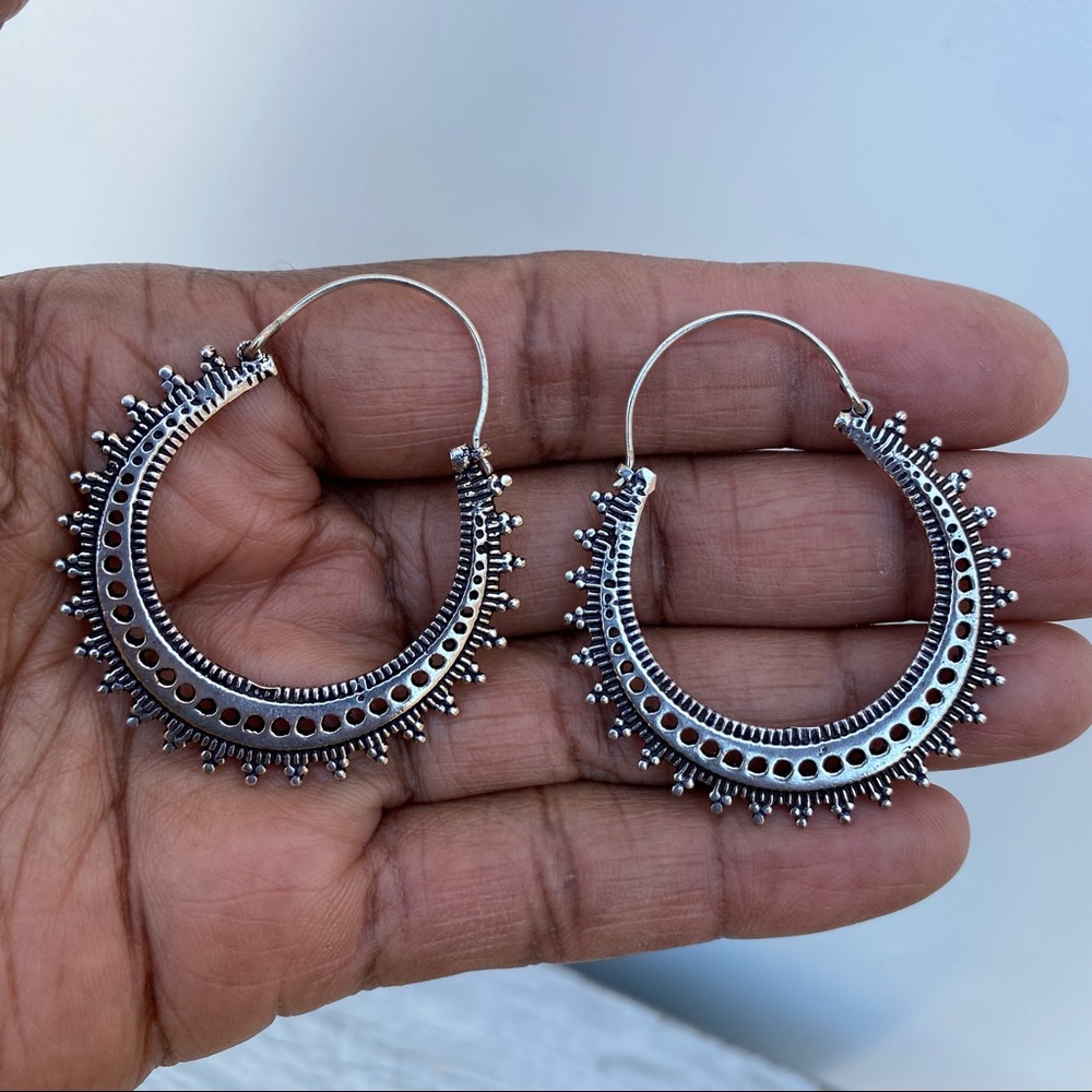 Pretty Granulated Tribal Style Silver Tone Hoop Earrings